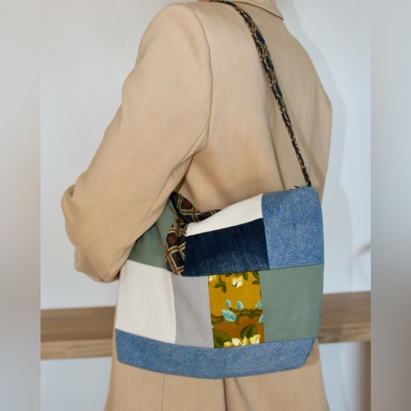 Handbags - Patchwork Shoulder Bag in Green, Blue and Yellow
